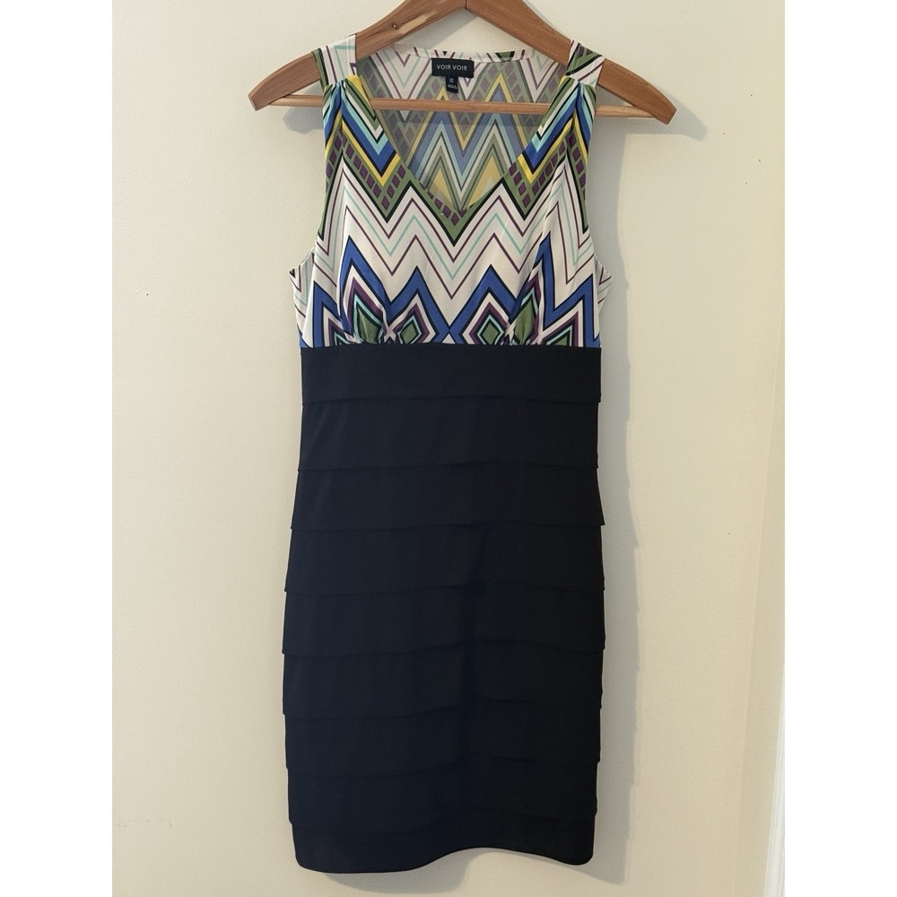 Voir Voir Geometric Sleeveless Sheath Dress Stretch Lined Black Multicolor 12